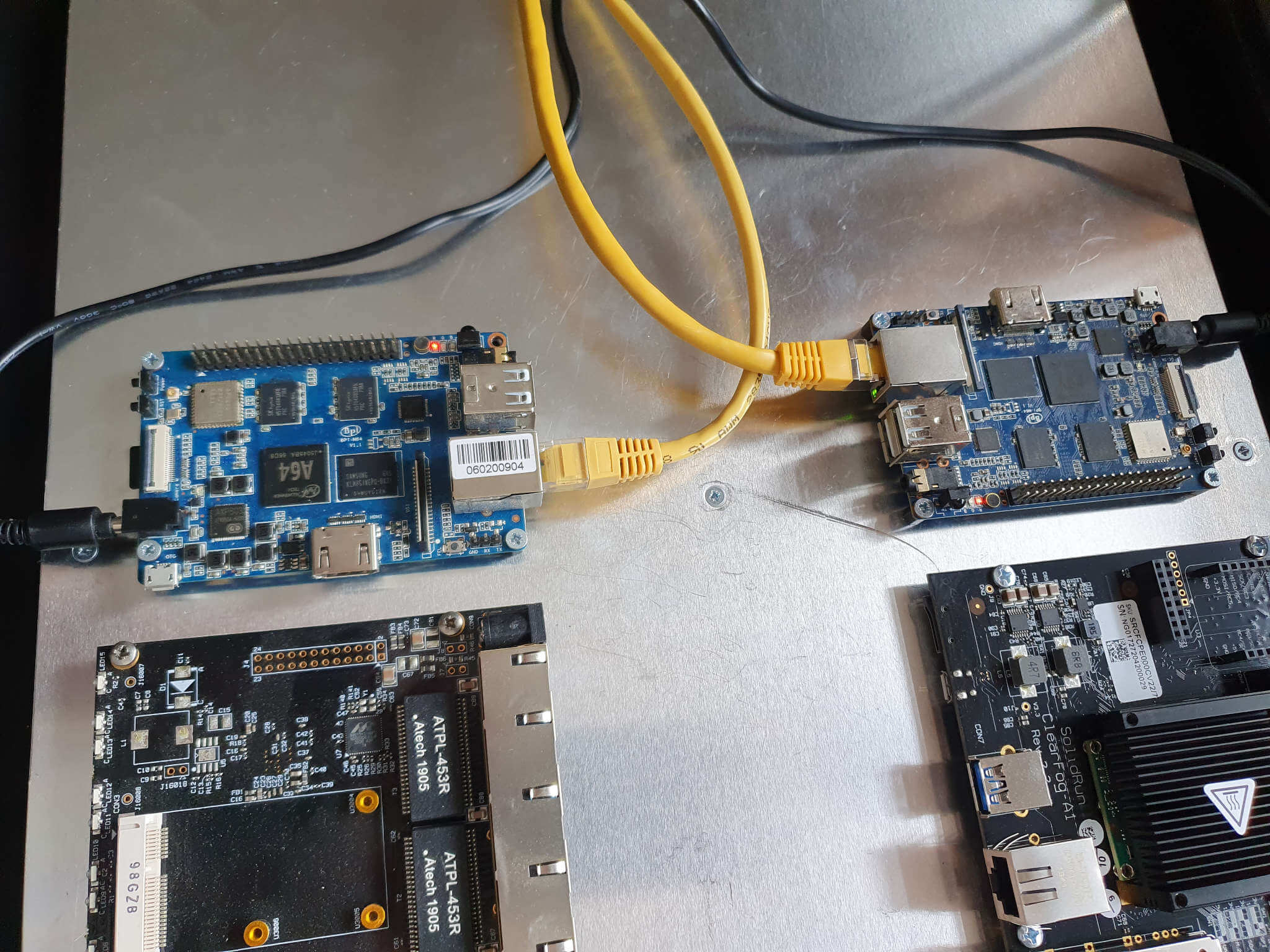 bpi-m64 cluster of two For illustration, this image shows two bpi-m64 positioned parallel to each other inside an 1U case, connected to the network and the power plug