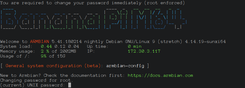 Armbian first start Armbian first-start screen on the bpi-m64